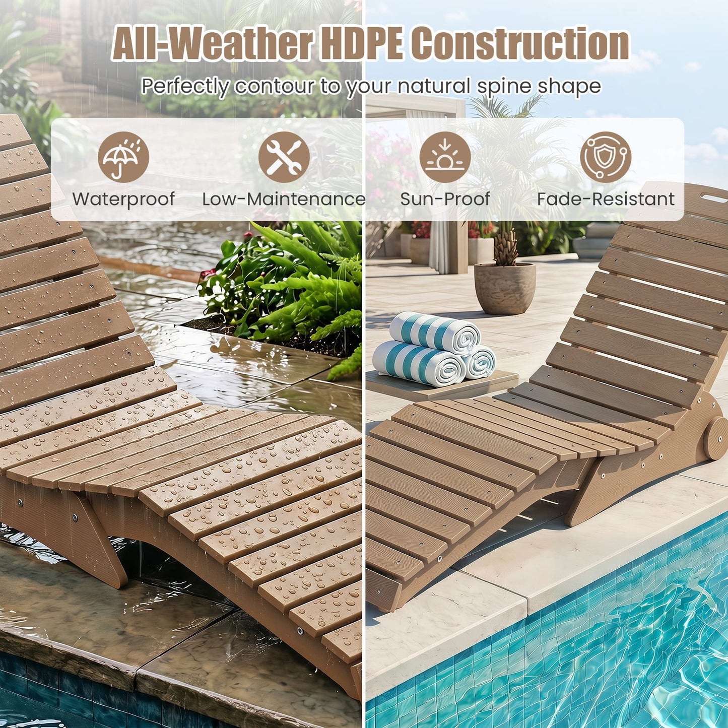 In-Pool Lounge Chair Ergonomic S-Curve HDPE Pool Chaise Lounger with Wheels-Brown