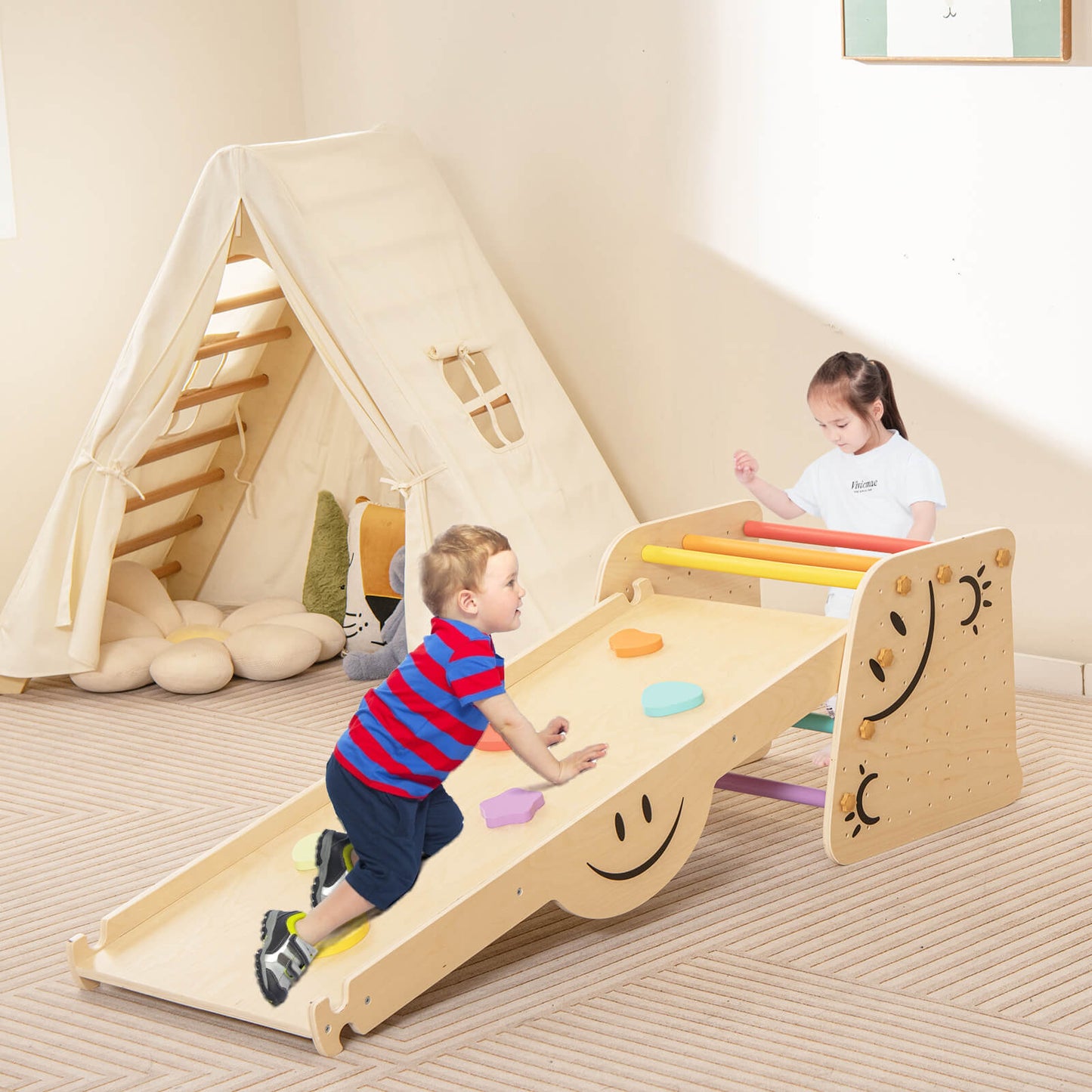 Indoor Climbing Toys for Kids Wooden Climber Set with Step Stool-Colourful