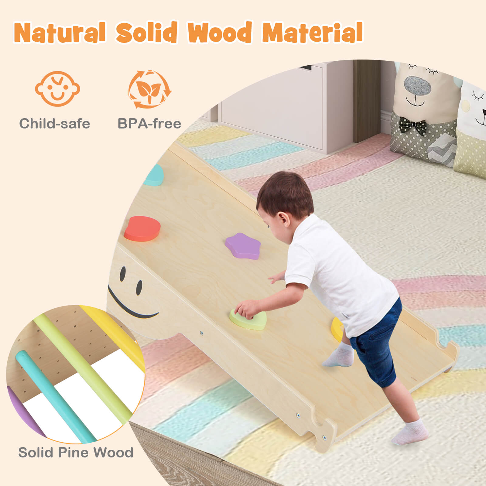 Indoor Climbing Toys for Kids Wooden Climber Set with Step Stool-Colourful