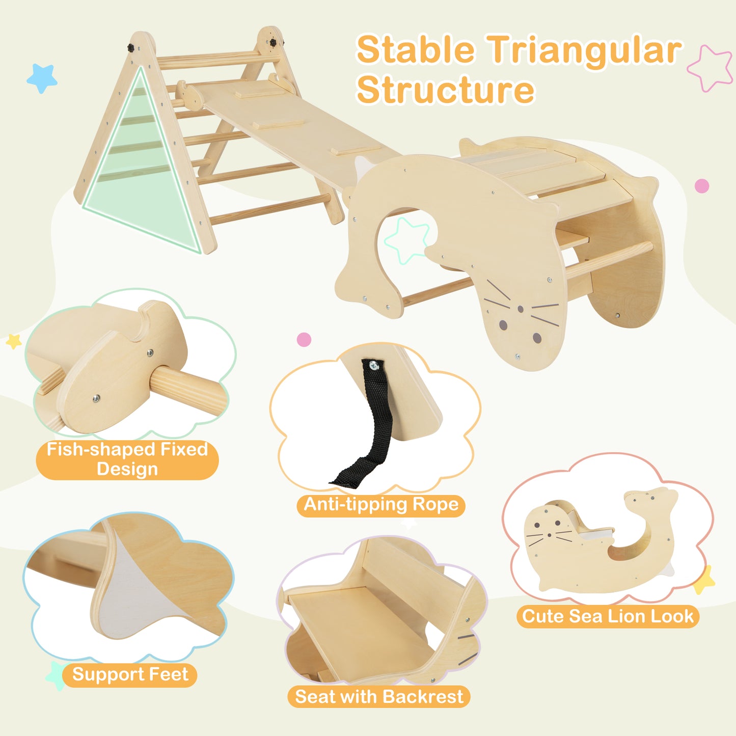 7-in-1 Indoor Wooden Foldable Climbing Toys for Toddlers-Natural