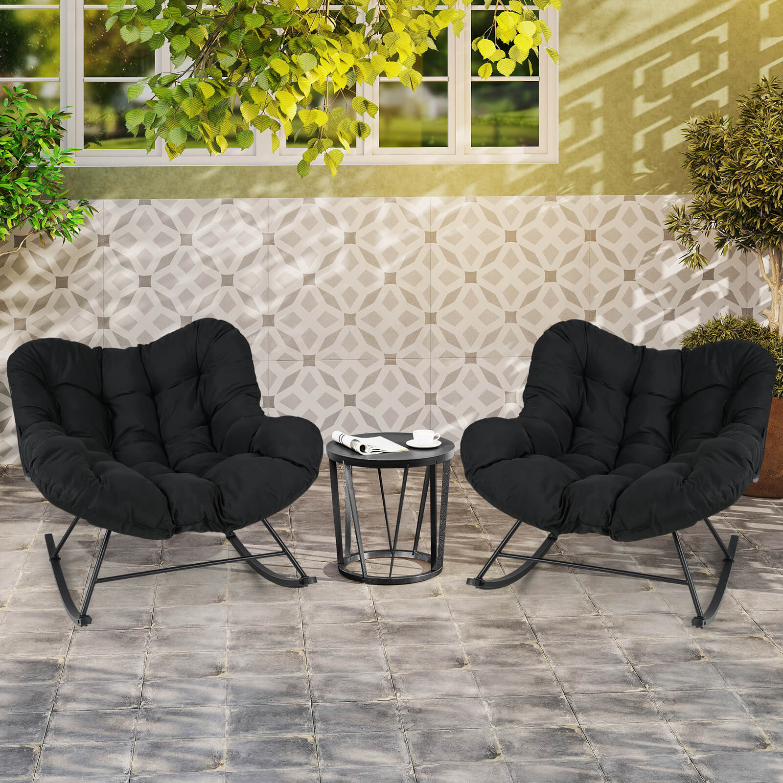 Indoor Outdoor Rocking Chair Oversized Egg Papasan Chair-Black