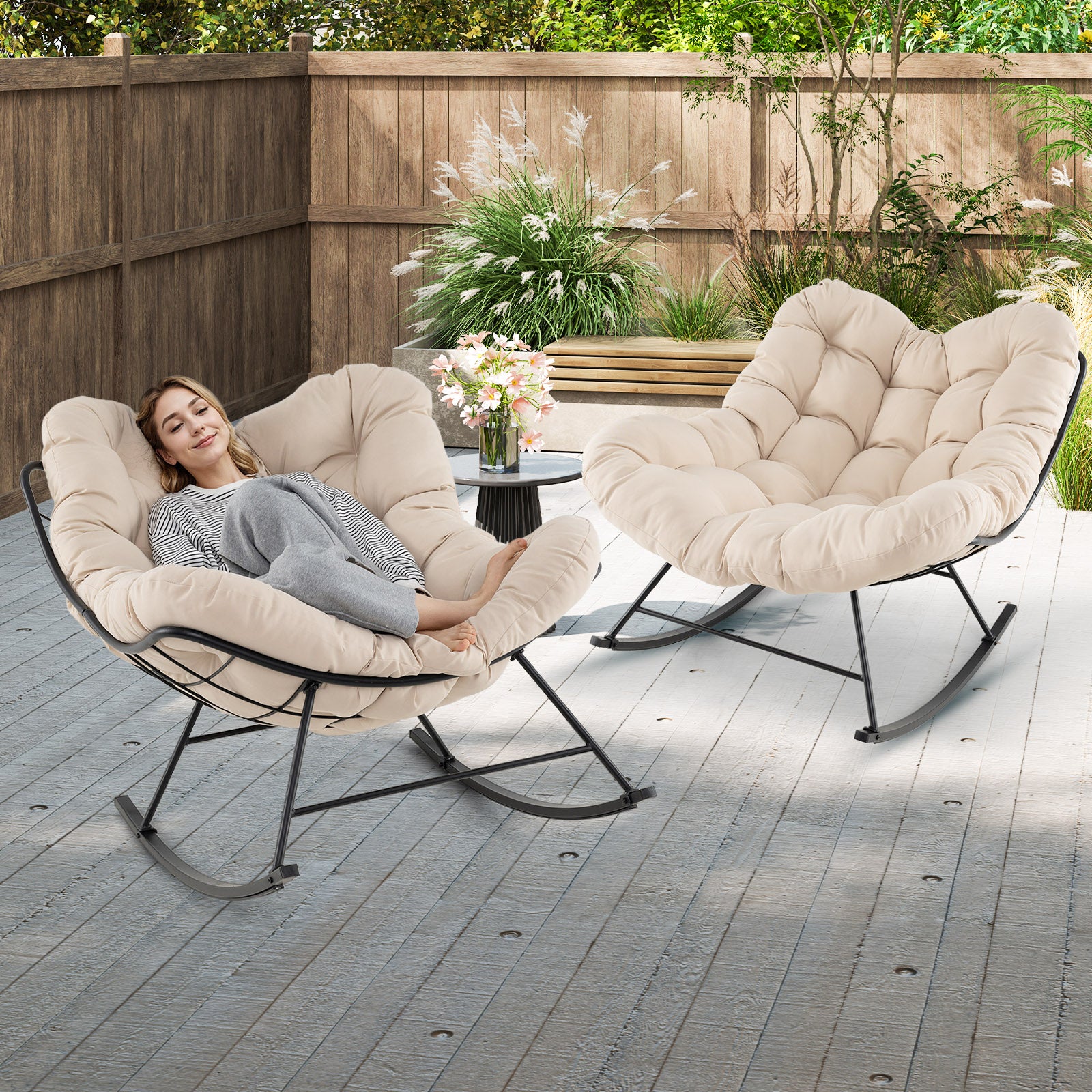 Indoor Outdoor Rocking Chair Oversized Egg Papasan Chair-Beige