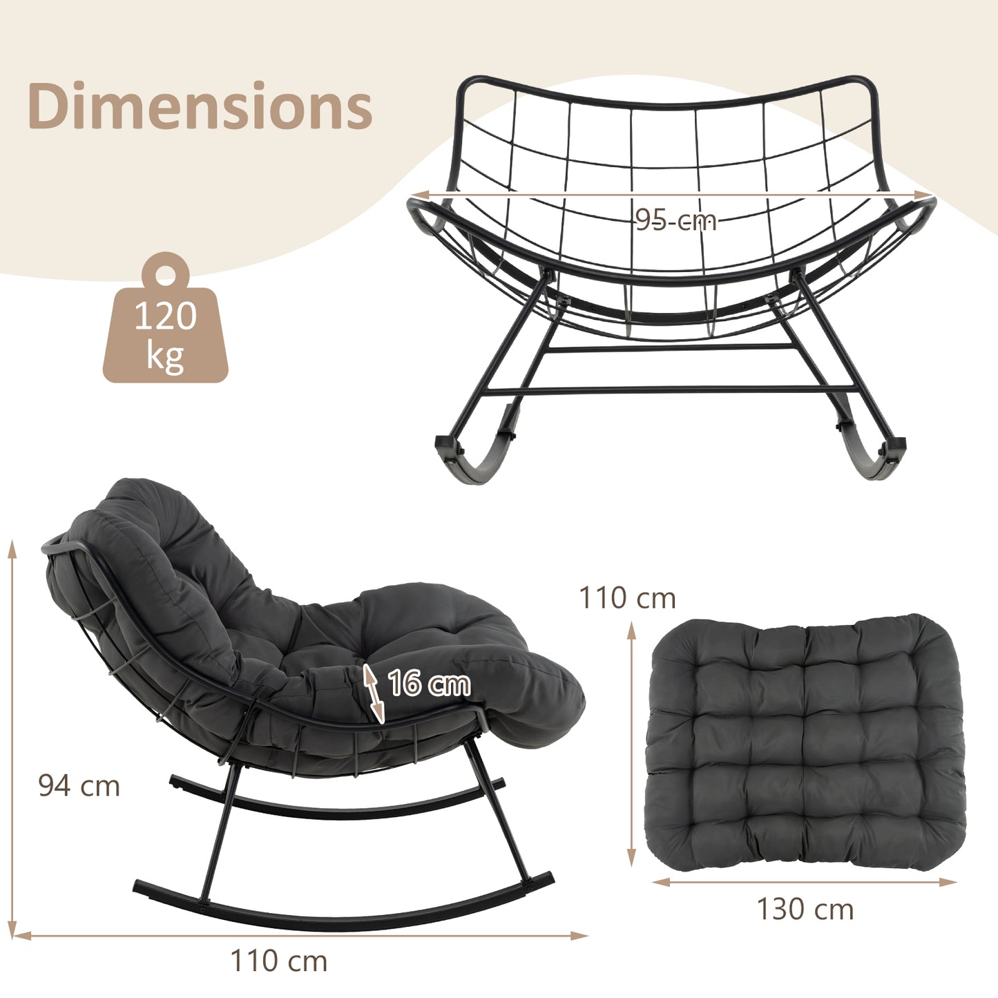 Indoor Outdoor Rocking Chair Oversized Egg Papasan Chair-Grey