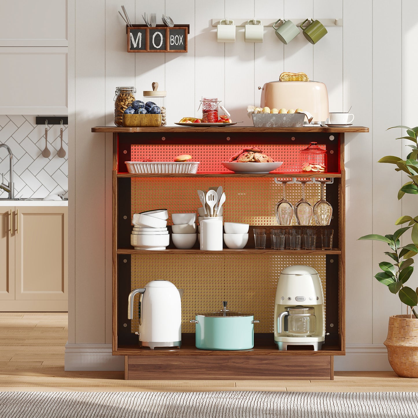 Industrial Home Bar Unit with RGB LED Light and App Control for Kitchen Living Room-Brown