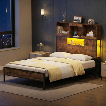 Industrial Metal Platform Bed with LED Lights and Power Outlet-King
