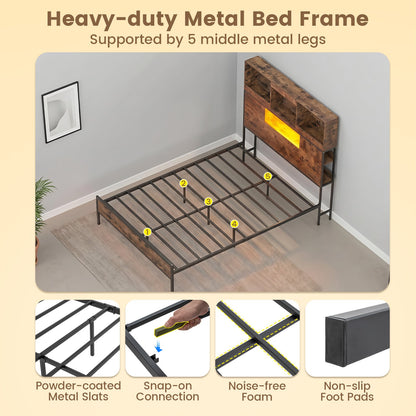 Industrial Metal Platform Bed with LED Lights and Power Outlet-King