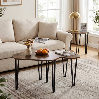Industrial Nesting Coffee Table Set of 3 with Thick Tabletop and Metal Frame, for Small Spaces-Rustic Brown