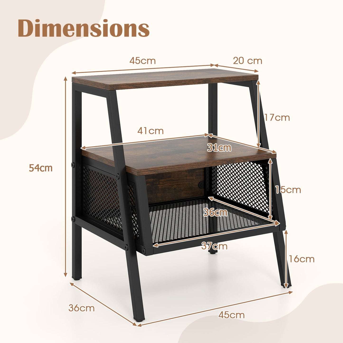 Industrial Nightstand Set of 2 with 2 Open Shelves & Mesh Compartment for Small Spaces-Rustic Brown