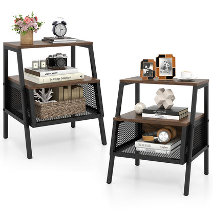 Industrial Nightstand Set of 2 with 2 Open Shelves & Mesh Compartment for Small Spaces-Rustic Brown