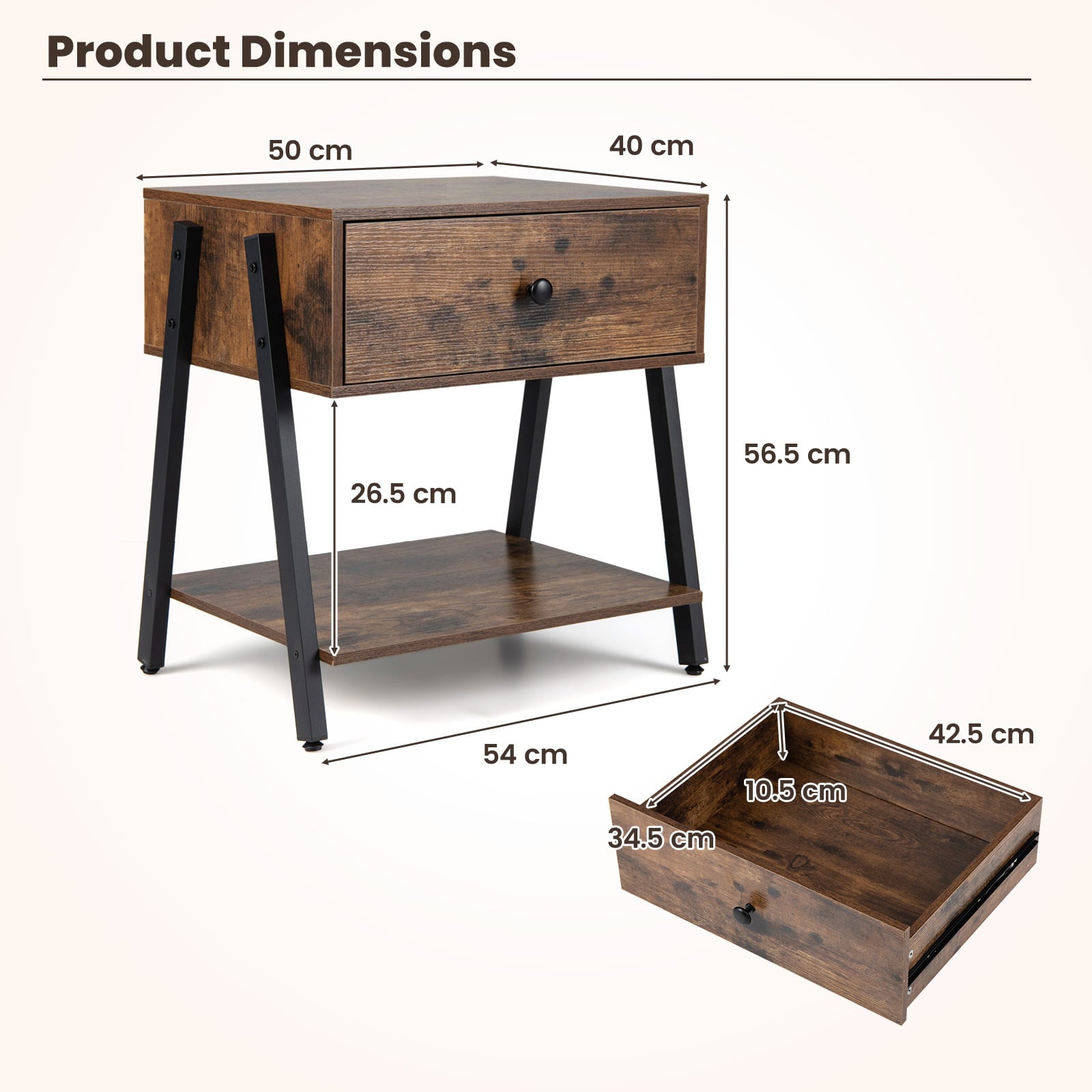 Industrial Nightstand Set of 2 with Drawer and Storage Shelf-Rustic Brown