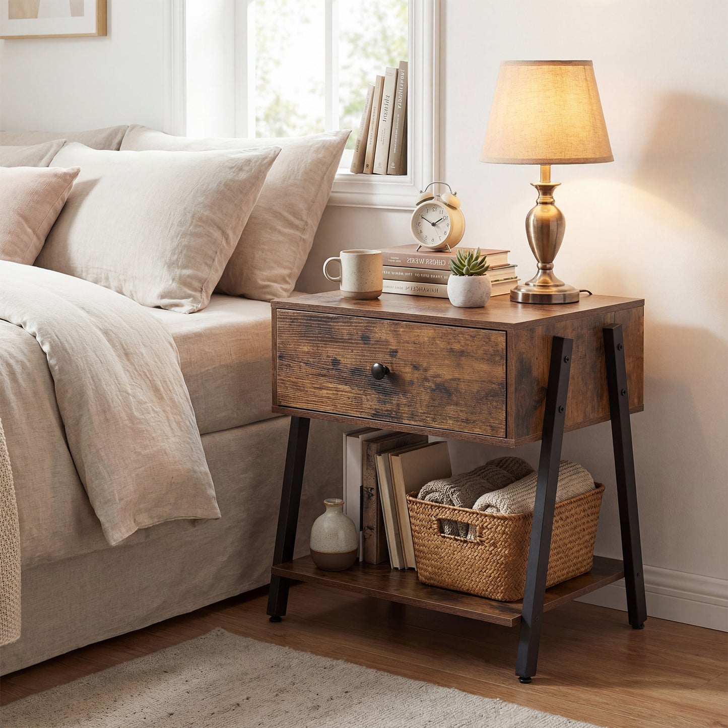 Industrial Nightstand Set of 2 with Drawer and Storage Shelf-Rustic Brown