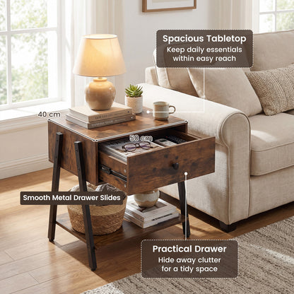 Industrial Nightstand Set of 2 with Drawer and Storage Shelf-Rustic Brown