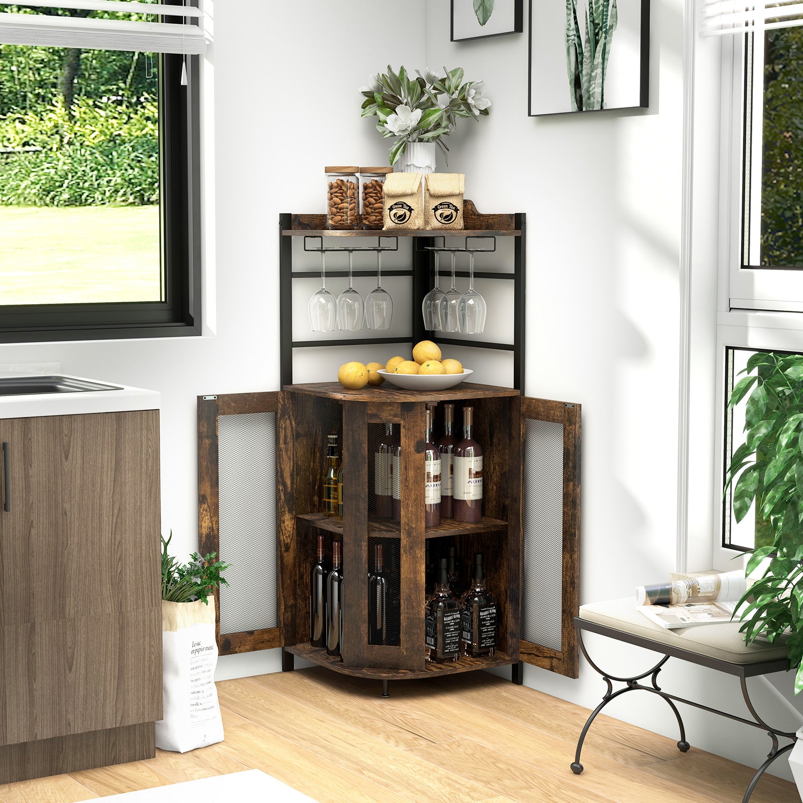 Industrial Corner Bar Wine Cabinet with Metal Mesh Doors and Adjustable Shelf-Brown