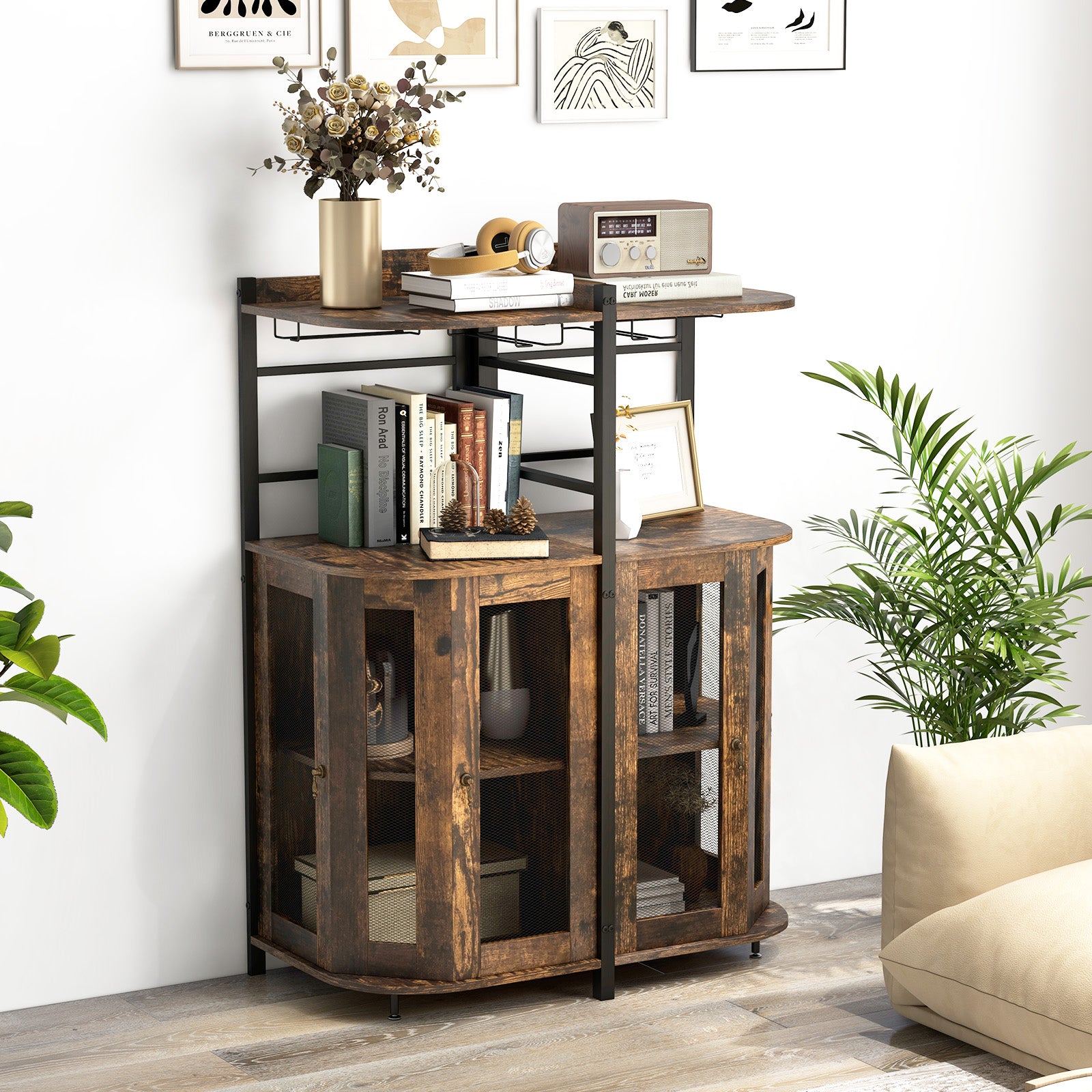 Industrial Corner Bar Wine Cabinet with Metal Mesh Doors and Adjustable Shelf-Brown