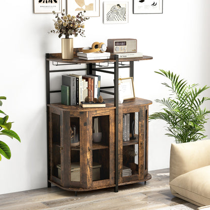 Industrial Corner Bar Wine Cabinet with Metal Mesh Doors and Adjustable Shelf-Brown