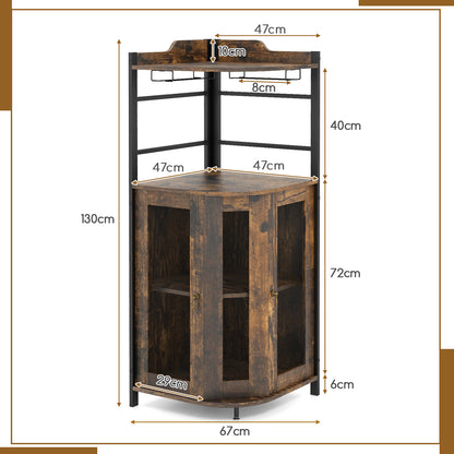 Industrial Corner Bar Wine Cabinet with Metal Mesh Doors and Adjustable Shelf-Brown