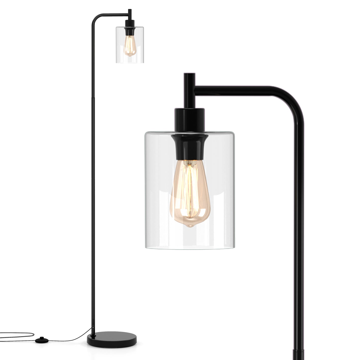 Industrial Floor Lamp with Hanging Glass Lampshade and Foot Switch-Black