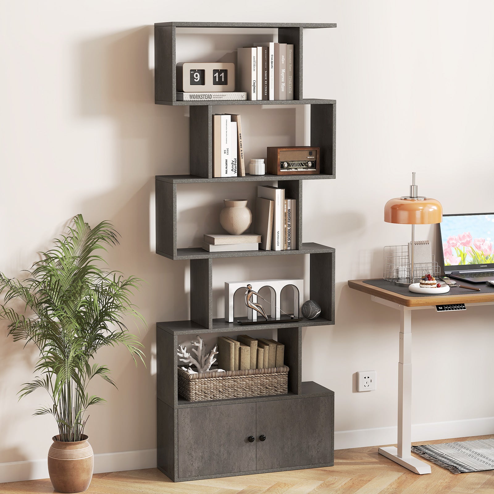 Industrial S-Shaped 5-tier Bookcase with Cabinet-Grey