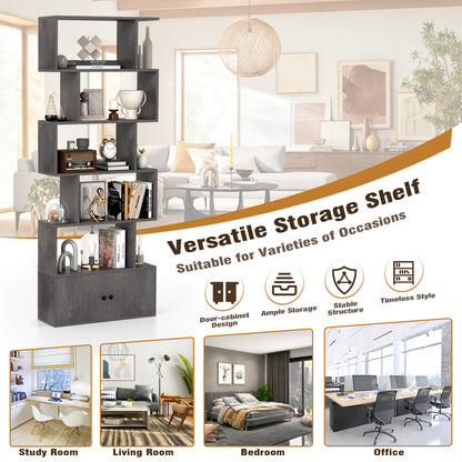 Industrial S-Shaped 5-tier Bookcase with Cabinet-Grey