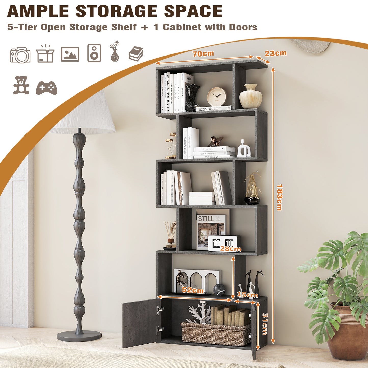 Industrial S-Shaped 5-tier Bookcase with Cabinet-Grey