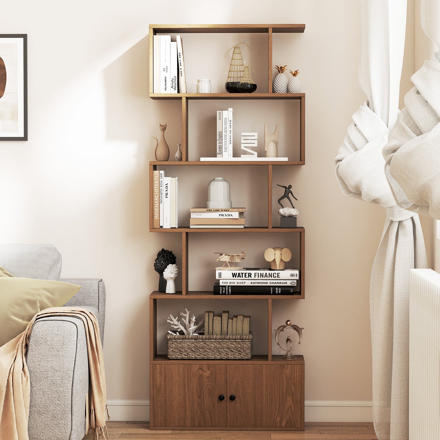 Industrial S-Shaped 5-tier Bookcase with Cabinet-Natural