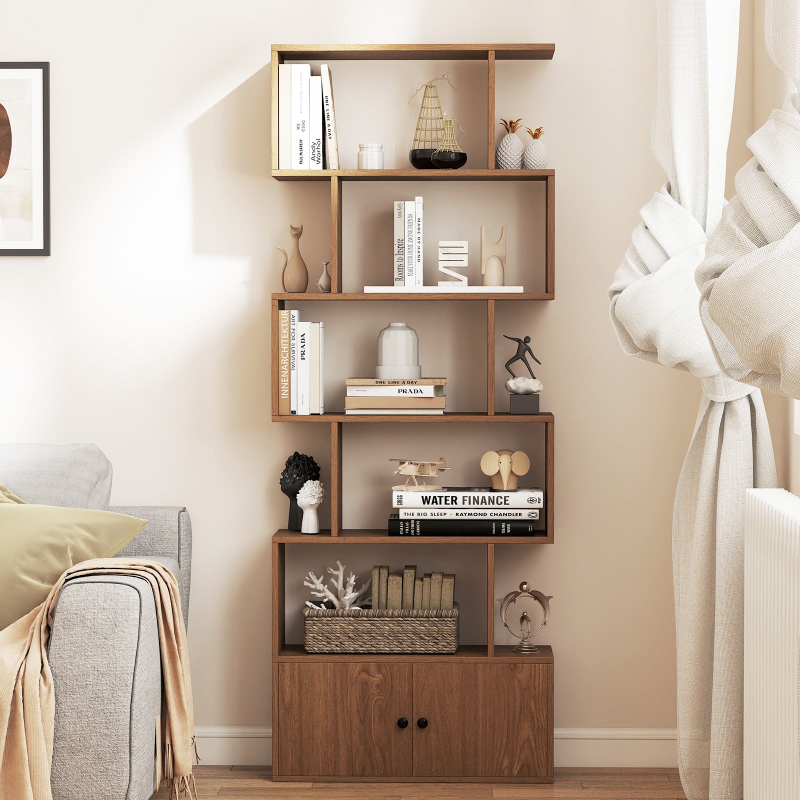 Industrial S-Shaped 5-tier Bookcase with Cabinet-Natural