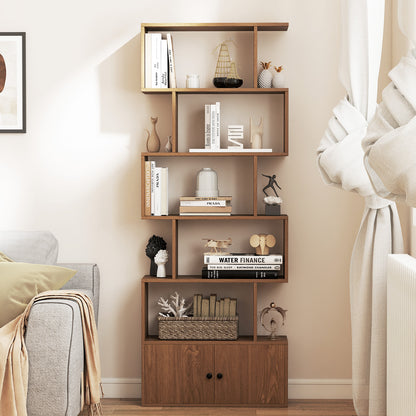 Industrial S-Shaped 5-tier Bookcase with Cabinet-Natural