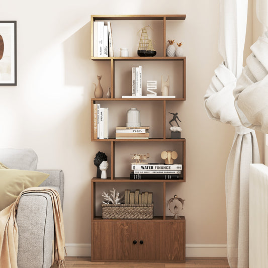 Industrial S-Shaped 5-tier Bookcase with Cabinet-Natural