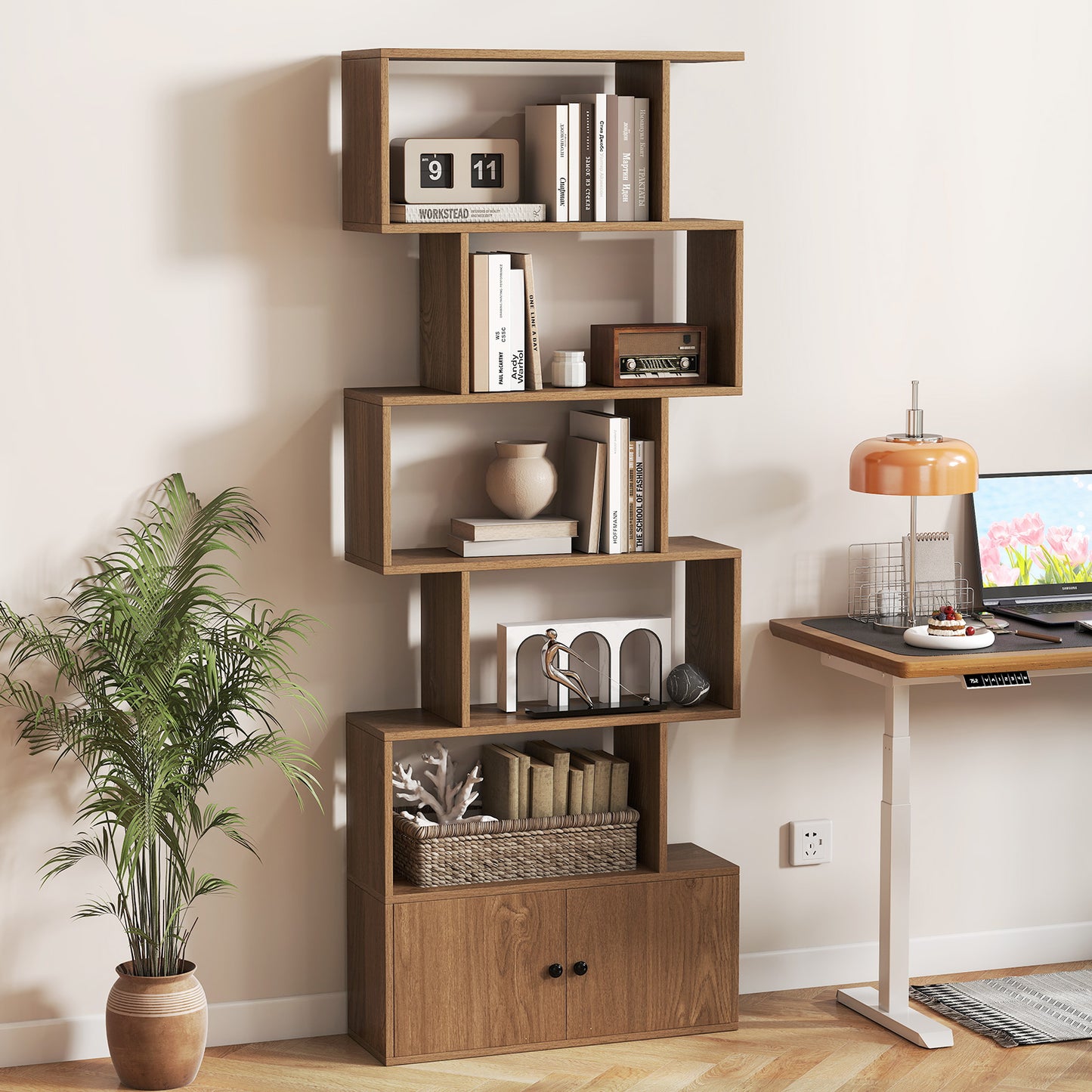 Industrial S-Shaped 5-tier Bookcase with Cabinet-Natural
