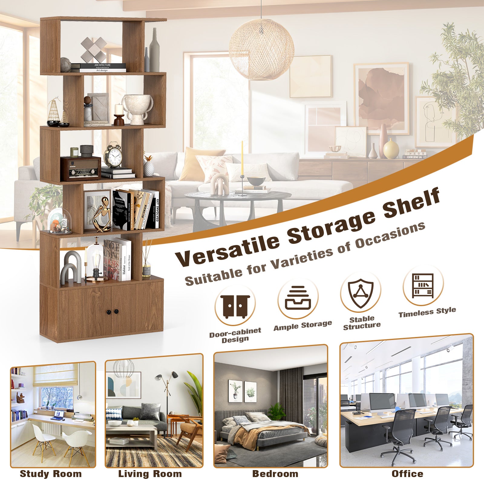 Industrial S-Shaped 5-tier Bookcase with Cabinet-Natural