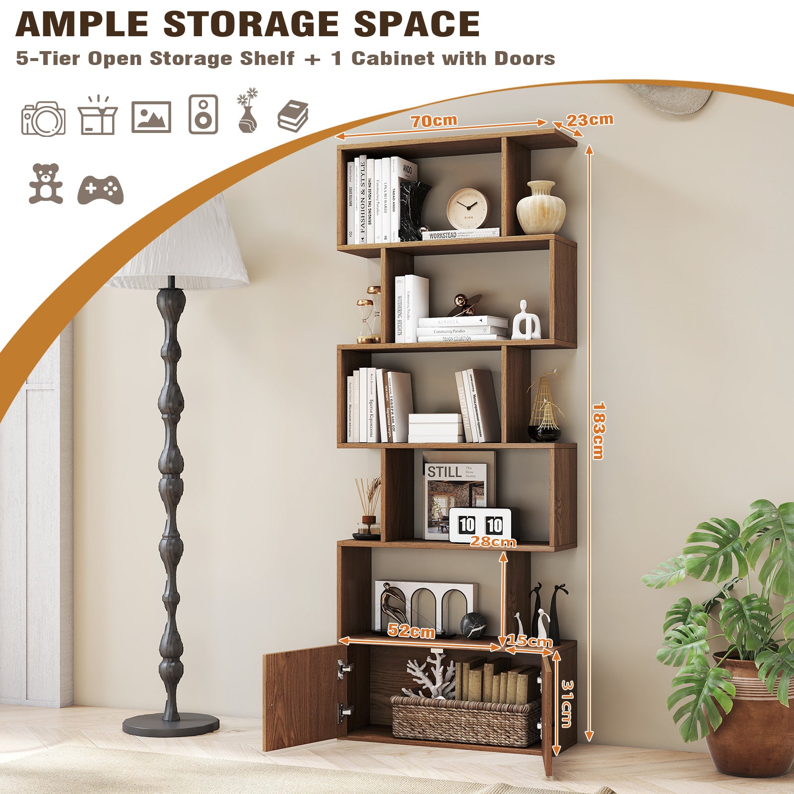 Industrial S-Shaped 5-tier Bookcase with Cabinet-Natural