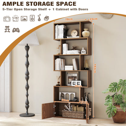Industrial S-Shaped 5-tier Bookcase with Cabinet-Natural