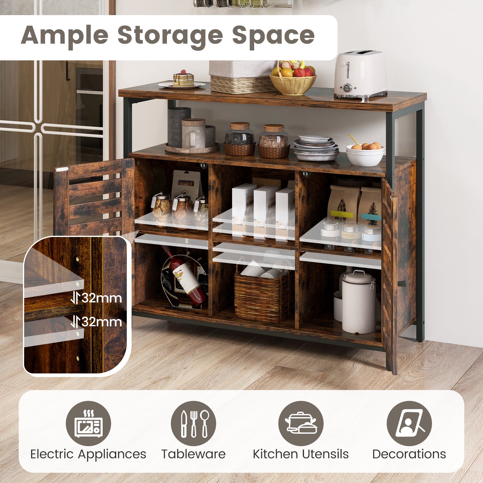 Sideboard Storage Cabinet with Slatted Door and 3 Adjustable Shelves-Rustic Brown