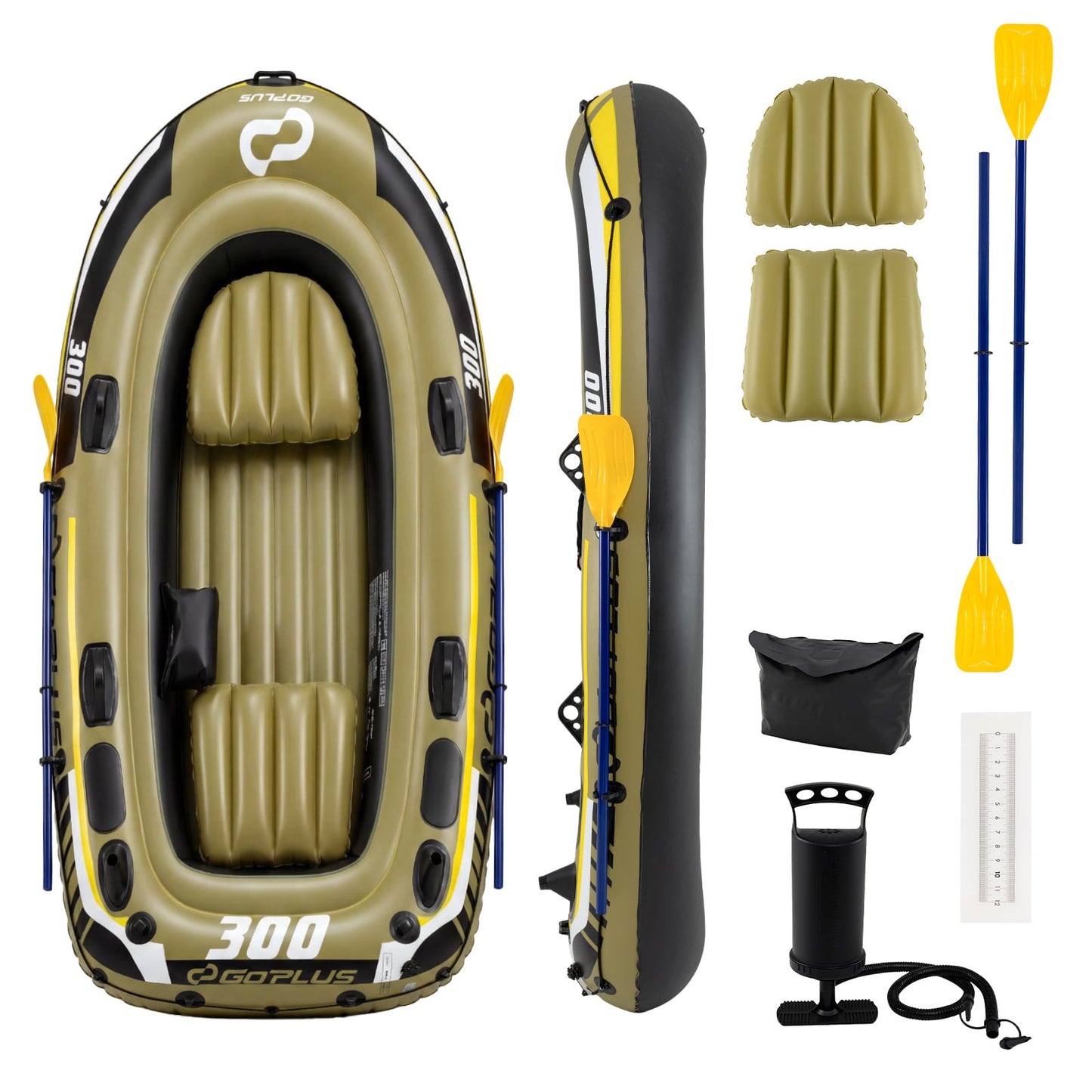Inflatable 3-Person Fishing Raft with Oars and Pump and Rod Holders for Lake-Green