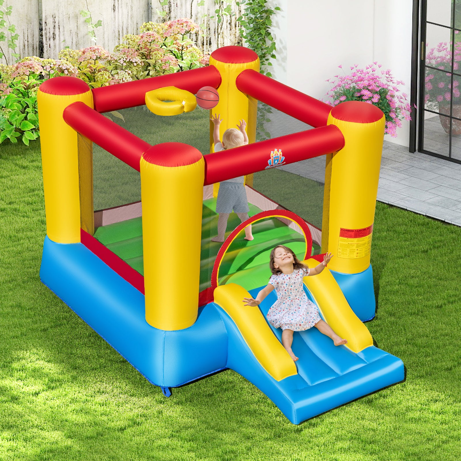 Inflatable Bounce House Kids Castle Slide Bouncer with Basketball Rim Indoor Outdoor Jumping Castle