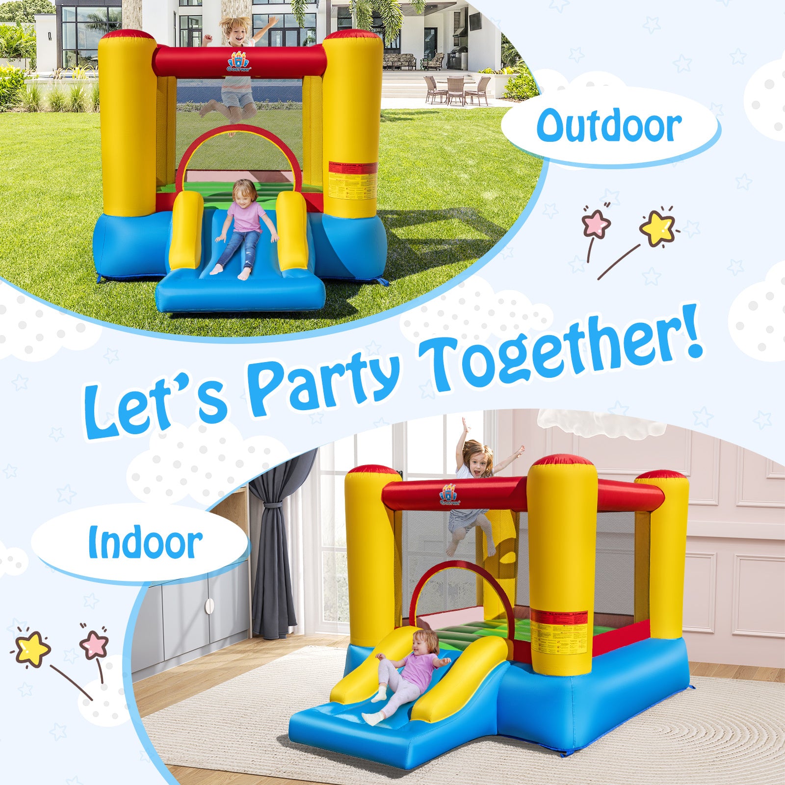 Inflatable Bounce House Kids Castle Slide Bouncer with Basketball Rim Indoor Outdoor Jumping Castle