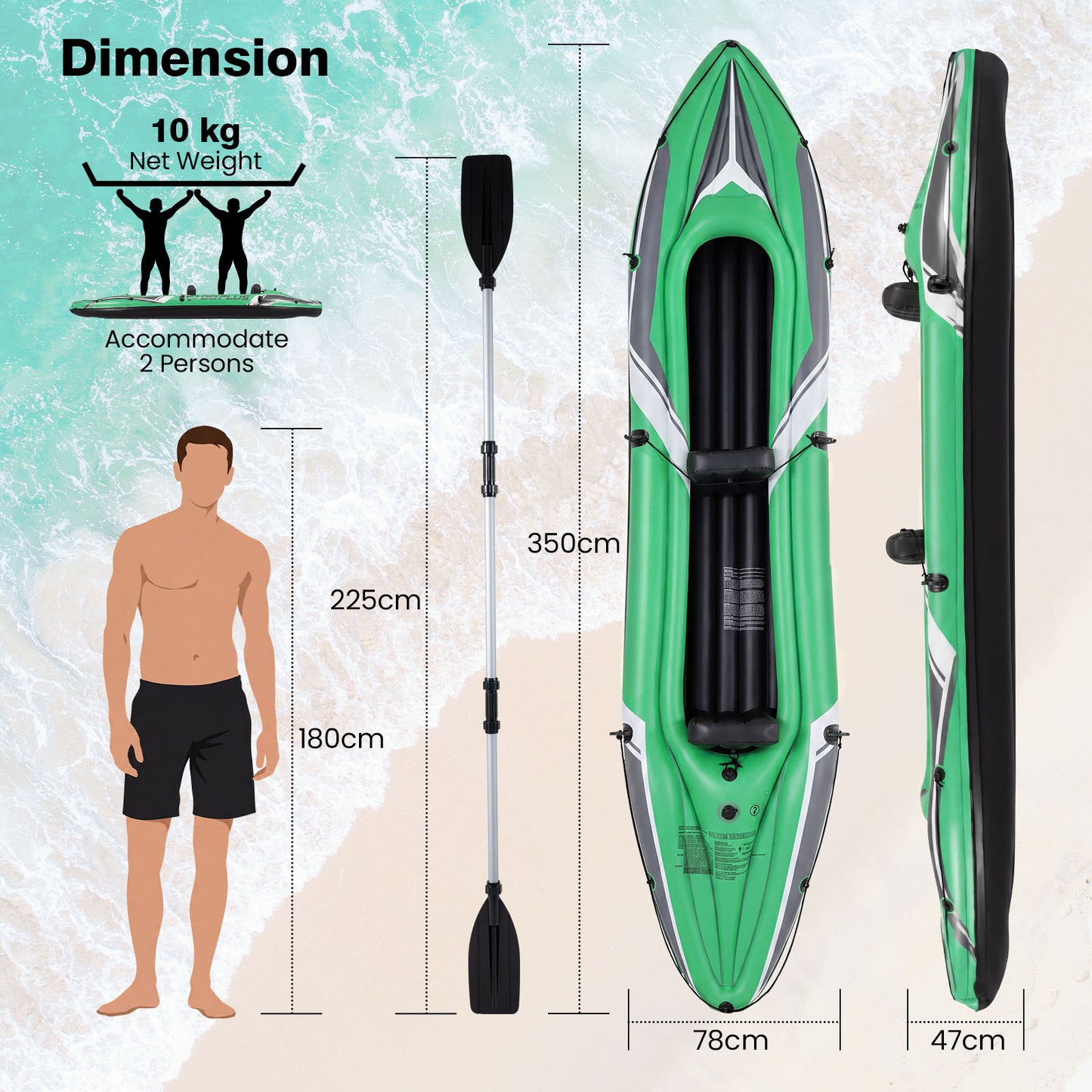 Inflatable Kayak 2 Person with Aluminum Paddles and Hand Pump-Green