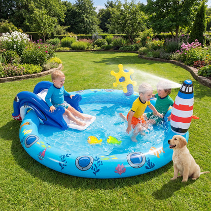Inflatable Play Center with Shark Slide & Lighthouse Sprinkle for Kids