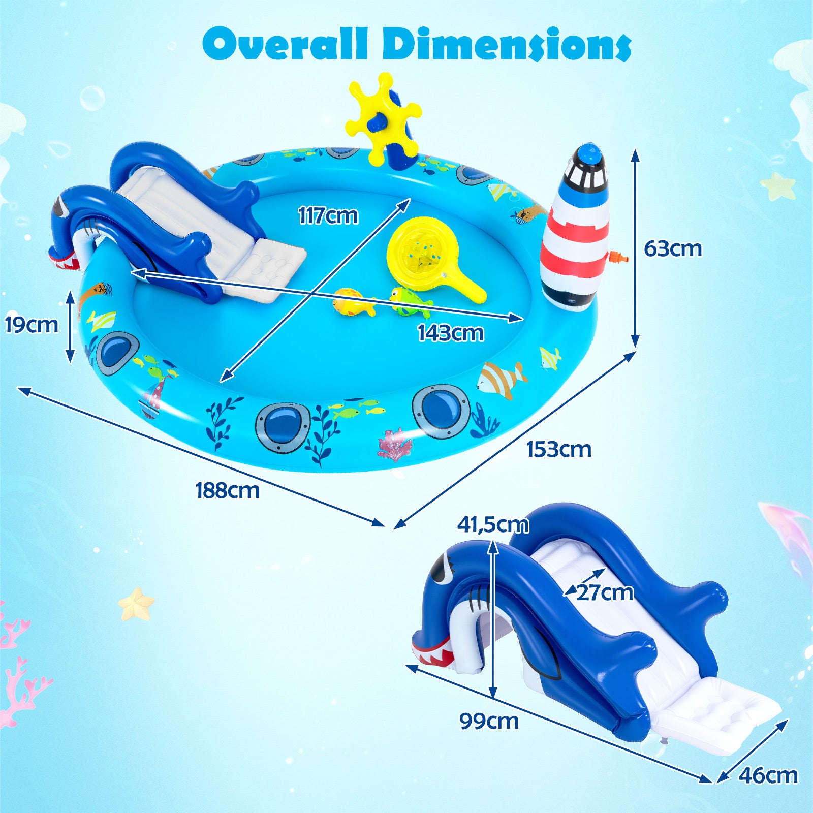 Inflatable Play Center with Shark Slide & Lighthouse Sprinkle for Kids