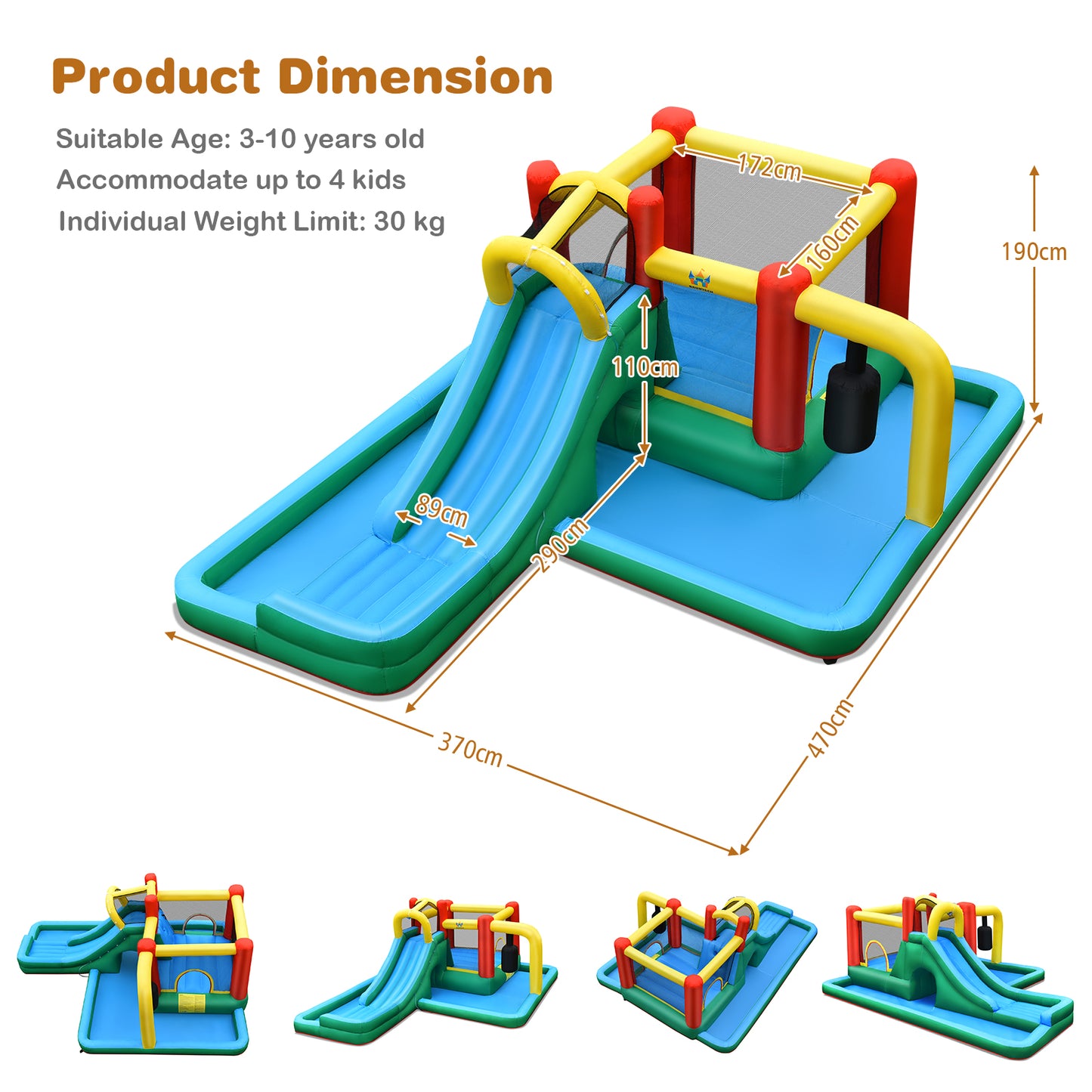 Inflatable Water Slide Kids Jumping Bounce House with Slide (without Blower)