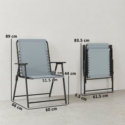 Outsunny Folding Garden Chairs Set of 2, Outdoor Dining Chairs with Wide Texteline Seat, High Back and Armrests, Light Grey
