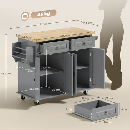 HOMCOM Rolling Kitchen Island Storage Trolley with Rubber Wood Top & Drawers for Dining Room, Grey