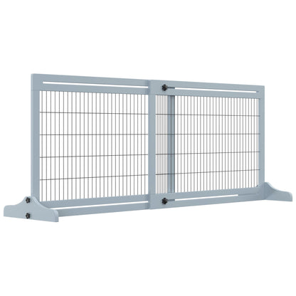 PawHut Freestanding Dog Gate, Foldable Pet Fence, Indoor Wood Barrier, Stair Gate with Support Feet, for Doorway, Hallway, Small and Medium Dogs, 69H x 104-183 cm, Blue-grey