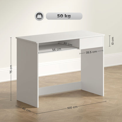 HOMCOM 100cm Compact Computer Desk with Keyboard Tray, Home Office Desk with Drawer for Bedroom Study, White