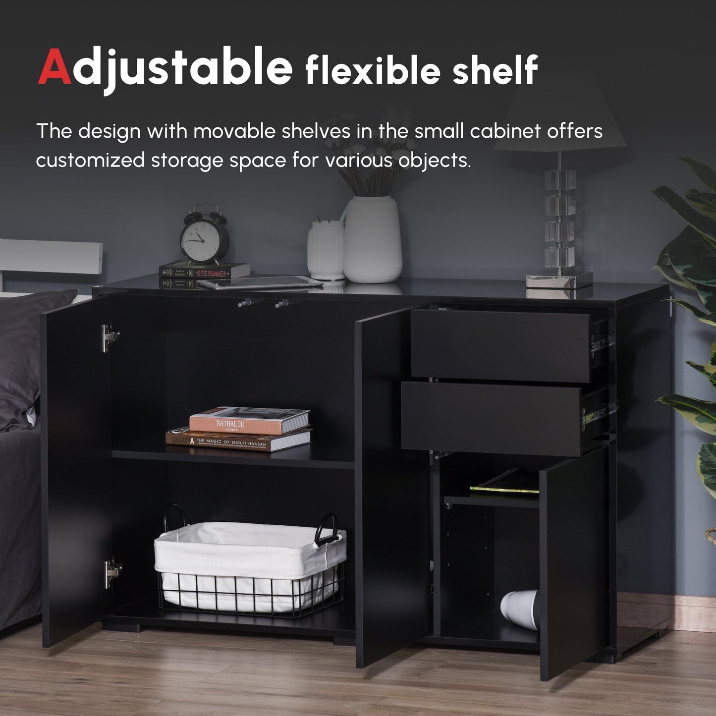 HOMCOM High Gloss Frame Sideboard, Push-Open Design with 2 Drawers for Living Room, Bedroom, 74H x 79W x 36Dcm, Black
