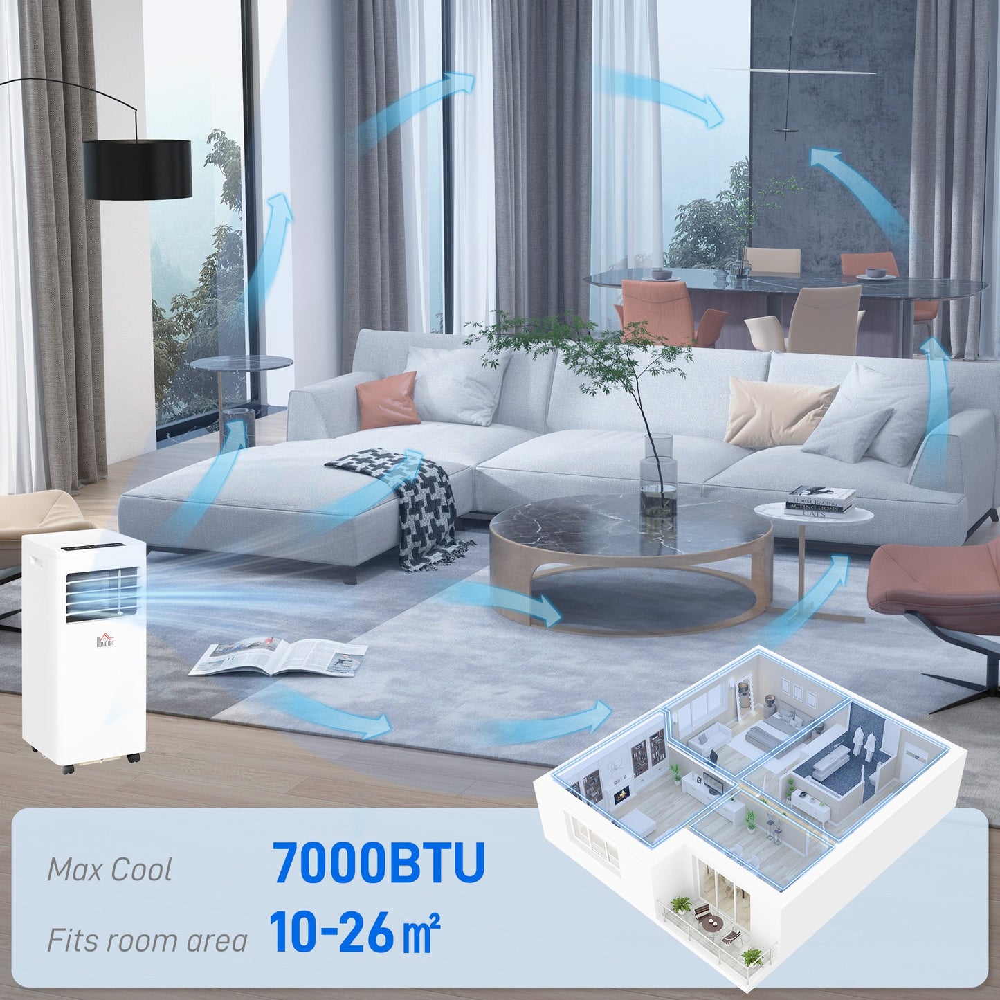 HOMCOM 7000 BTU Air Conditioning Unit, 3-in-1 Portable Air Conditioner, Dehumidifier, Cooling Fan with 2 Speeds, 24H Timer, Remote Control, Digital Display, Window Venting Kit, 26m_