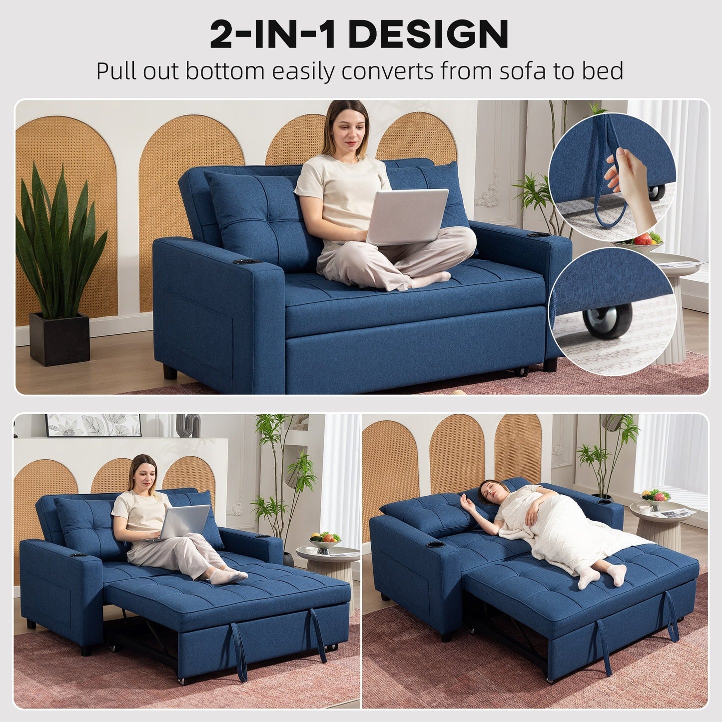 HOMCOM Two-Seater Pull-Out Sofa Bed - Dark Blue