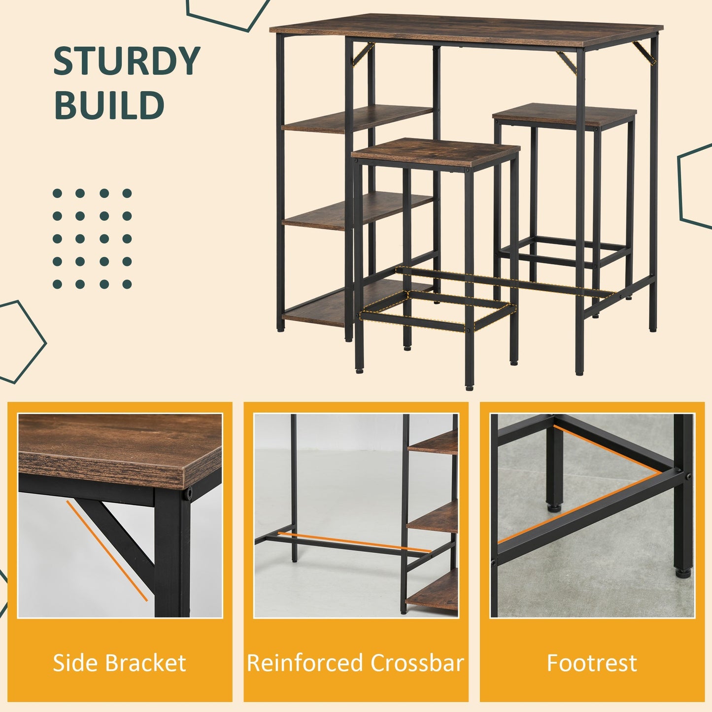 HOMCOM Industrial Bar Height Dining Table Set With 2 Stools & Side Shelf, 3 Pieces Coffee Table for Dining Room, Kitchen, Dinette