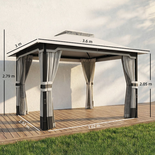 Outsunny 3 x 3.6 m Outdoor Garden Gazebo with Netting and Curtains, DoubleÂ Roof Patio Gazebo Permanent Pavilion, Light Grey