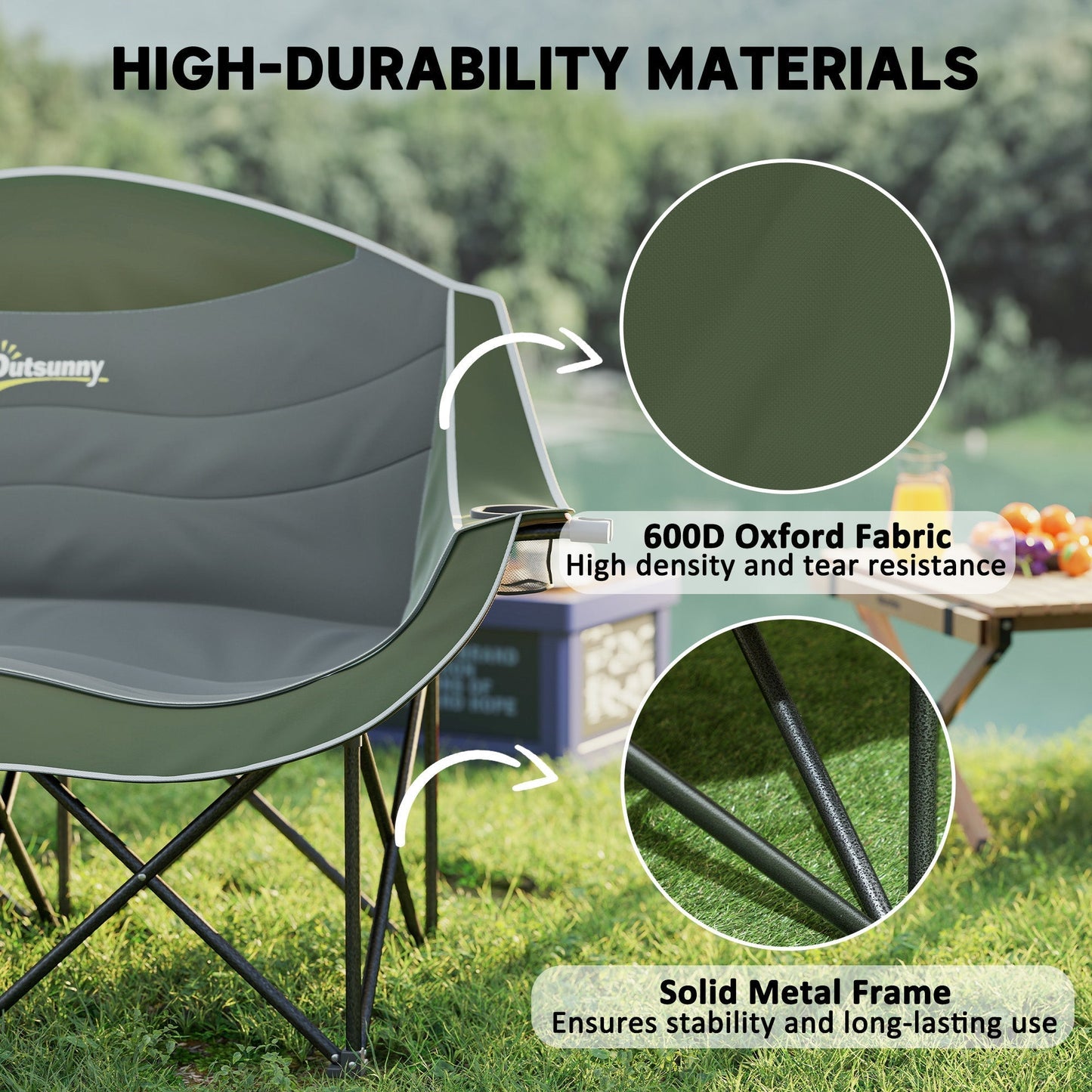 Outsunny Double Camping Chair for Adults with Armrests, Heavy Duty Oversized Padded Folding Chair with Carry Bag, Cup Holders for Outdoor Hiking Picnic Camping Fishing, 250kg Capacity, Green